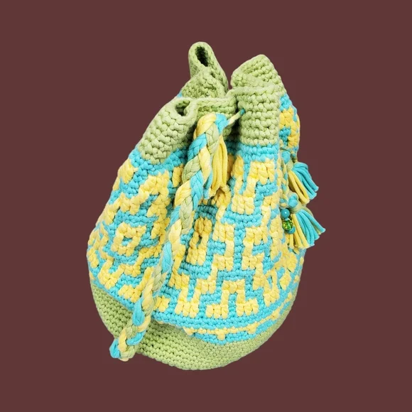 Blue Green Yellow Multicolor Crochet Bucket Bag Size OS - Picture 3 of 12